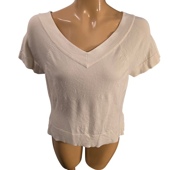 Thalia Sodi Sweaters - Thalia Sodi Cream Knit V Neck Short Sleeve Cropped Sweater Top Women X Large